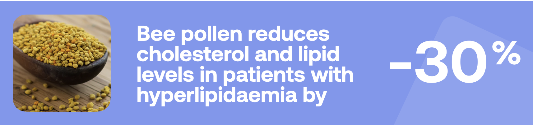 Bee pollen reduces cholesterol and lipid levels in patients with hyperlipidaemia by -30%