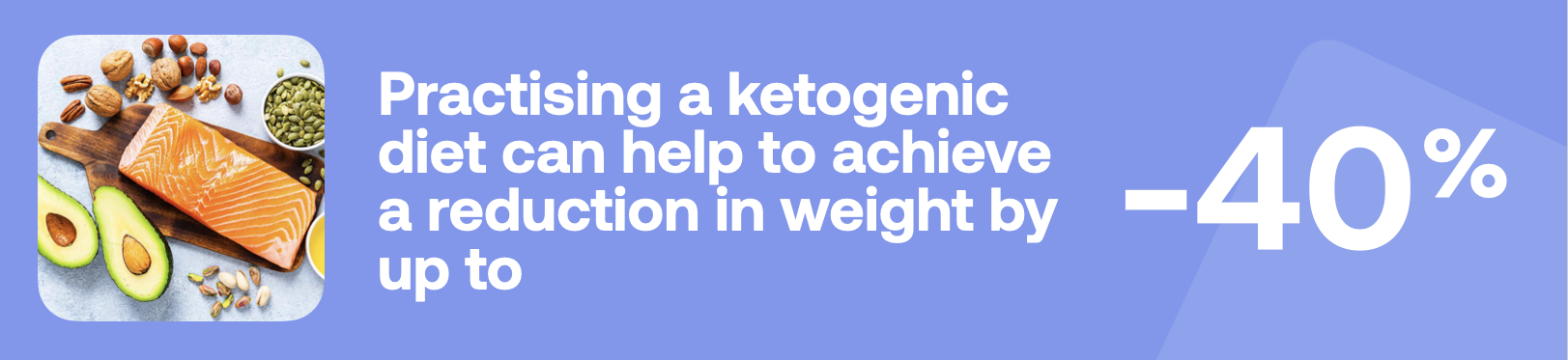 Practising a ketogenic diet can help to achive a reduction in weight by up to -40%