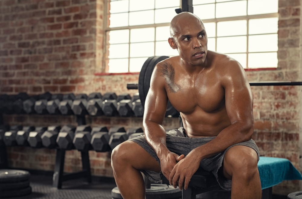 muscular,strength,mature,exhausted,american,determination,body,fit,fitness,copy space,mid adult man,biceps,strength training,chest,athlete,dedication,weight,determined man,sweaty man,abdominal,gym,heavy weight,bodybuilding,athletic,strong,exercise,guy,training,shirtless,dumbbells,bench press,muscle,african american,power,rest,resting,break,weight room,black,bodybuilder,tired,people,workout,african,healthy,sweat,tired man,challenge,sport,sweating;